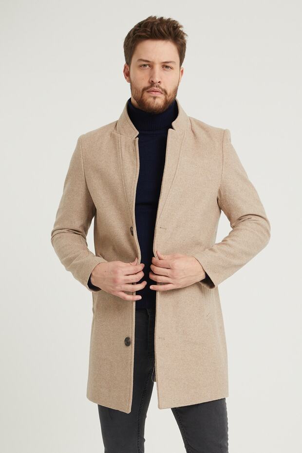 Men's Beige Slim Fit Stand Collar Coat
