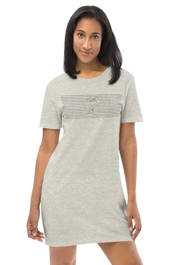 Striped Dog Light Gray Short Sleeve Combed Cotton Women's T-shirt Dress