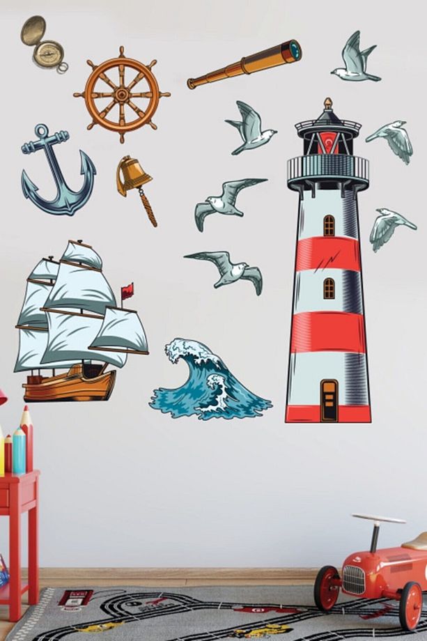 Kırmızı Denizci Gemi Deniz Feneri Duvar Sticker - 1