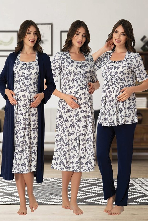 Women's Navy Blue Pregnant Maternity Dressing Gown Nightgown Pajamas Set of 4