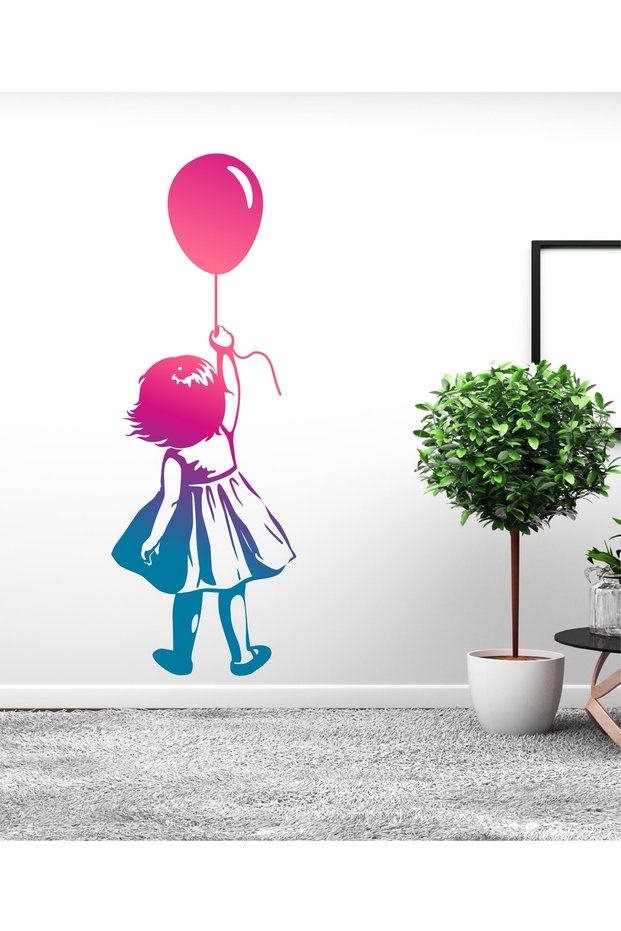 Girl's Door, Wall, Children's Room Sticker Set with Pink Flying Balloon and Blue Dress