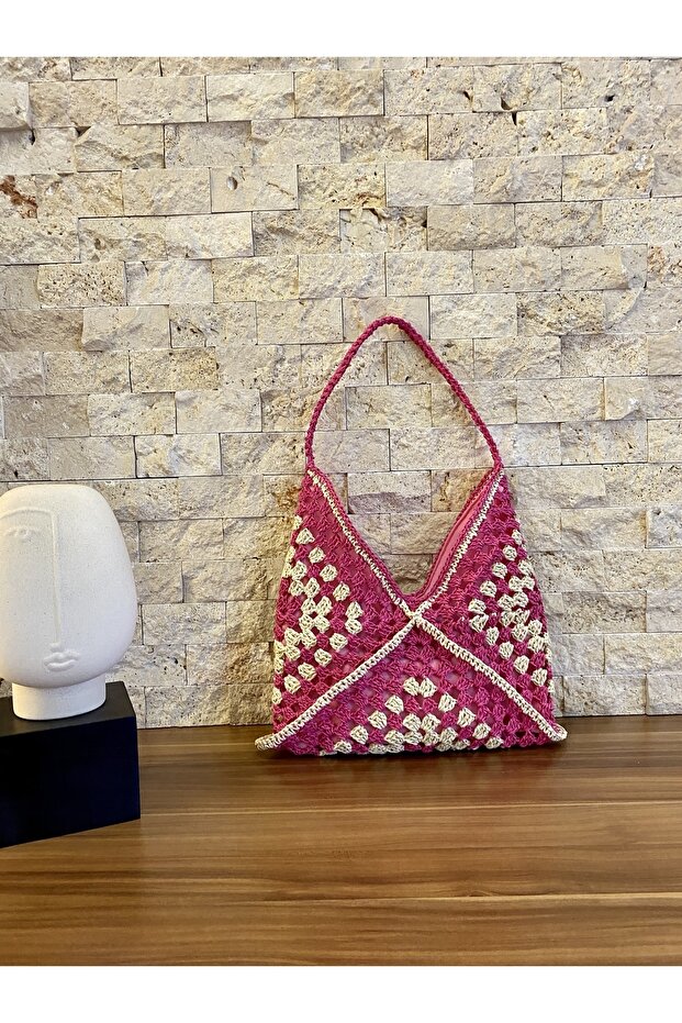 Iki Renkli Motif Hasır Çanta - 4