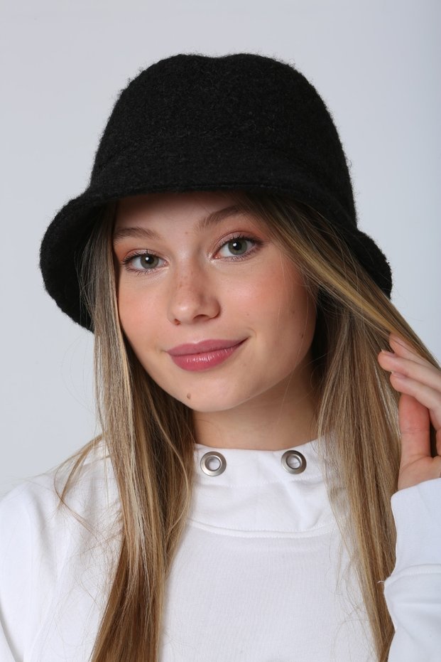 Black Curly Plush Bucket Women's Hat
