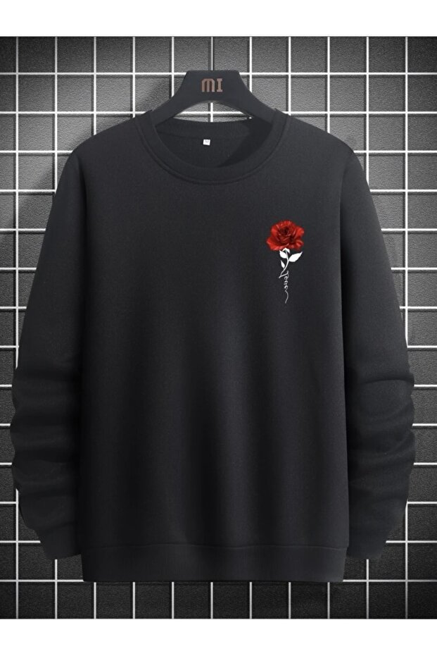 سويت شيرت كبير الحجم للجنسين مطبوع عليه Rose Love برقبة دائرية 3 خيوط 100% قطن