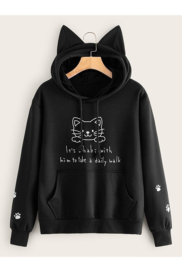 حجم كبير ذو أذنين القط تصميم Sewatshirt