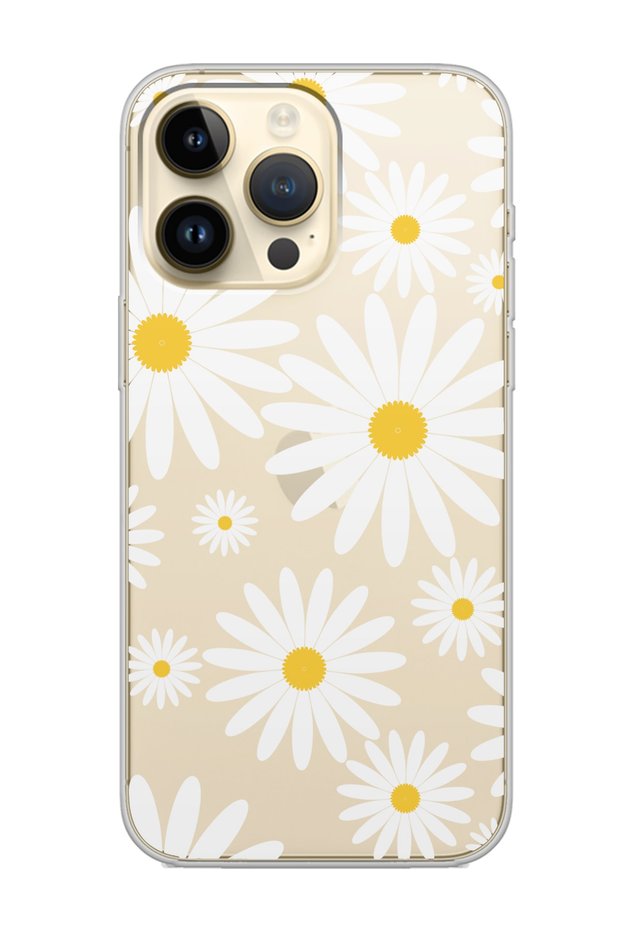 iPhone 14 Pro Max Transparent Daisy Design Transparent Silicone Phone Case