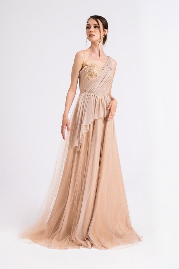 Drape Detaylı Simli Ten Rengi Abiye Ve Gece Elbisesi - 2