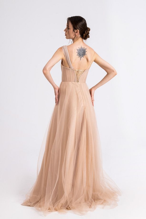 Drape Detaylı Simli Ten Rengi Abiye Ve Gece Elbisesi - 3