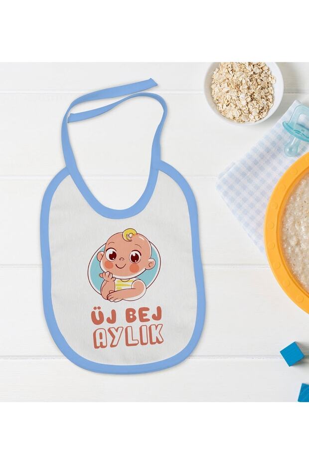 Beige Monthly Designed Blue Baby Food Bib-1