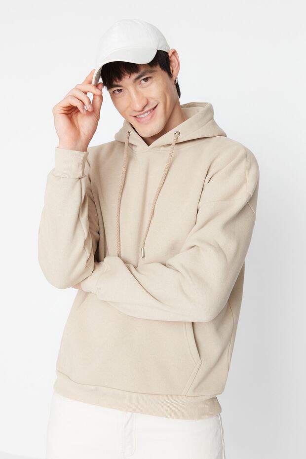 Bej Oversize/Geniş Kesim Kapüşonlu İçi Polar/Sıcak Tutan Çiçek Baskılı Sweatshirt TMNAW22SW1651 - 2