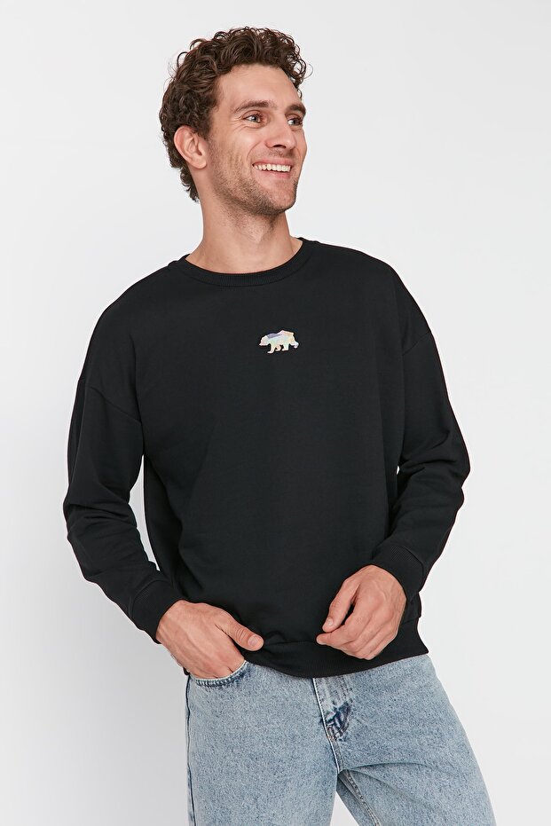 Bluza z polaru z haftem zwierzęcym w kolorze czarnym - Oversize, ciepła TMNAW23sw00191 - 3