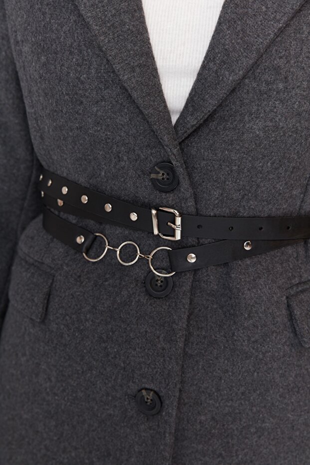 Šedá tkaná bunda s běžným páskem TWOAW23CE00024 - 4