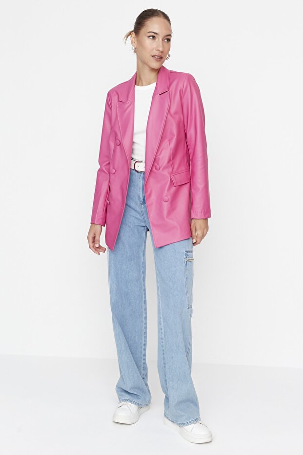 Tkana marynarka w kolorze fuksji z podwójnymi zapięciami i podszewką ze sztucznej skóry TWOAW21CE0156 - 1