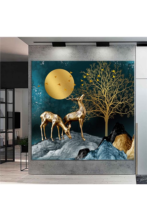 Dev Boyut Kare Altın Dookulu Geyik Kanvas Tablo (140 X 140cm) - 1
