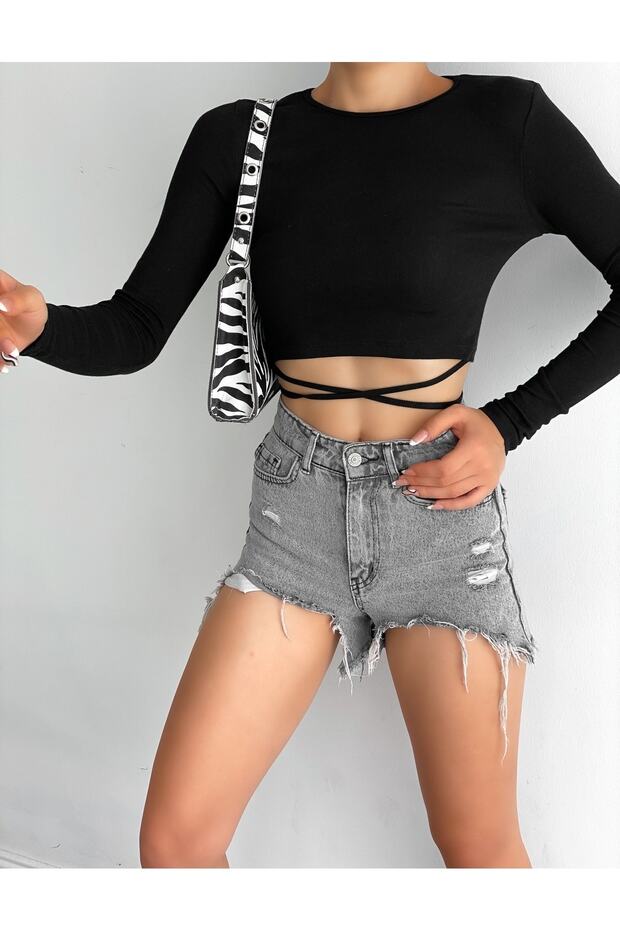 Siyah Ip Bağlamalı Uzun Kollu Fitilli Crop Bluz - 1
