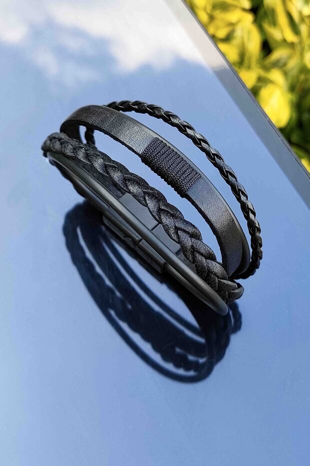 Genuine Leather Bracelet Wicker Braided Row of 4 Black Men's Leather Bracelet