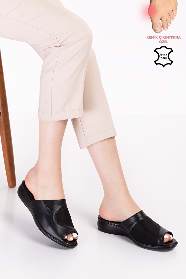 Genuine Leather Comfortable Slippers Special for Bone Protrusion Özl.555 - Black - 40