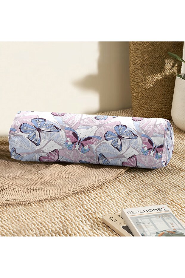 Modern Inner Padded Zippered Suede Armchair Cylinder Pillow with Colorful Butterfly Pattern on White Background