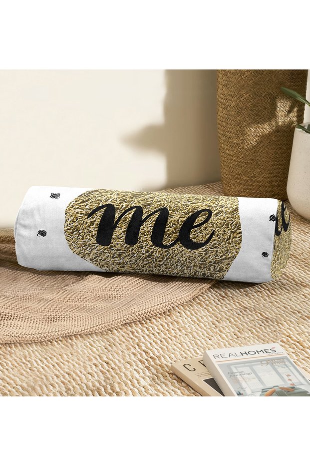 Modern Inner Filled Zippered Suede Armchair Cylinder Pillow Throw Pillow with Gold Colored Me Writing on White Floor