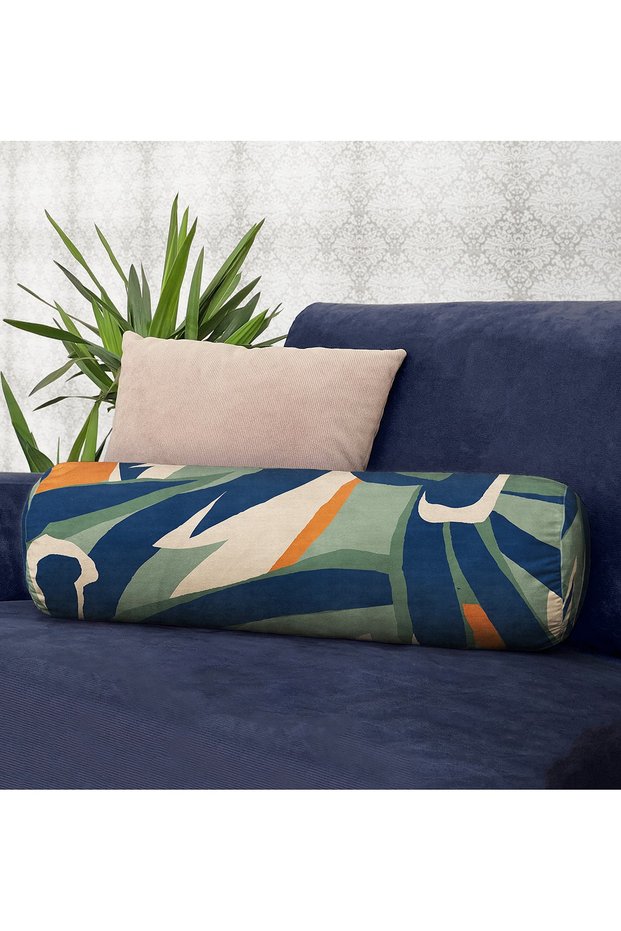 Green Navy Blue Colored Special Design with Inner Padding - Zippered Suede Cylinder Roll Pillow Throw Pillow