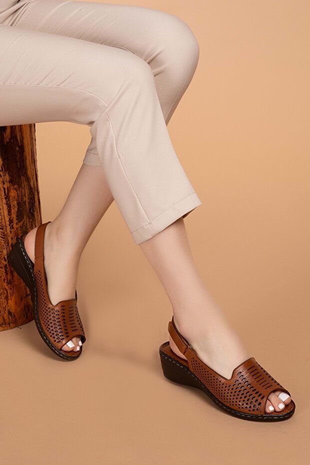 Women's Genuine Leather Laser Cut Sandals Iz.435 - Tan - 37