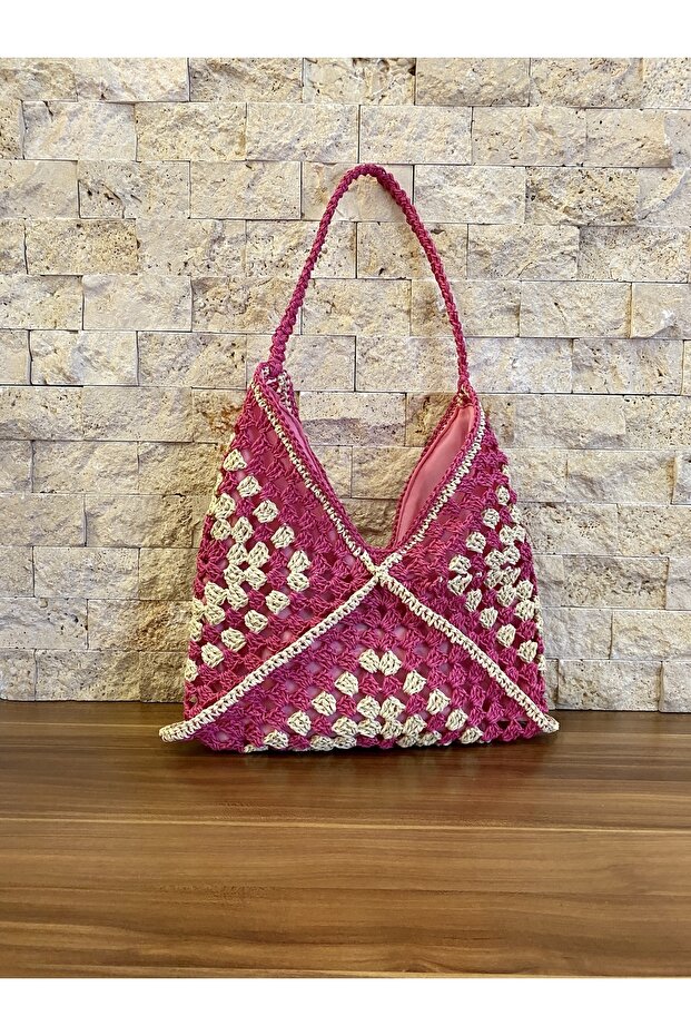 Iki Renkli Motif Hasır Çanta - 1