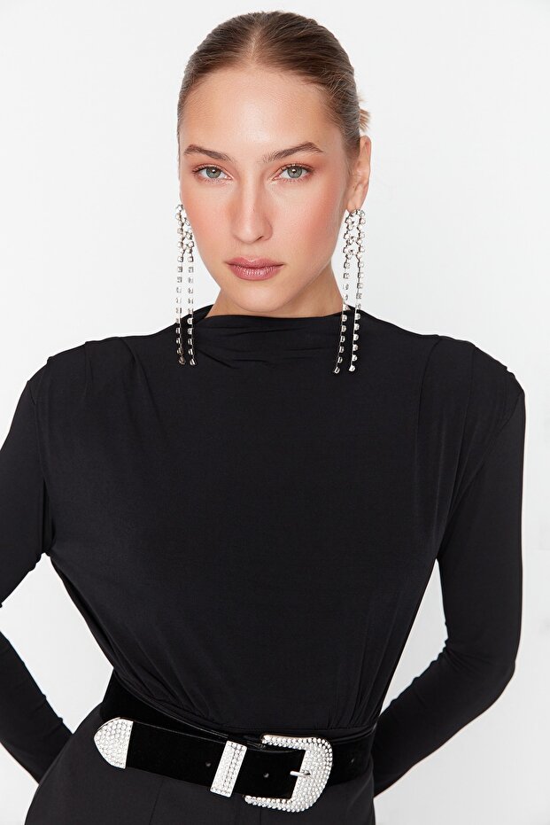 Siyah Drapeli Çıtçıtlı Örme Body TPRAW23BD00048 - 5