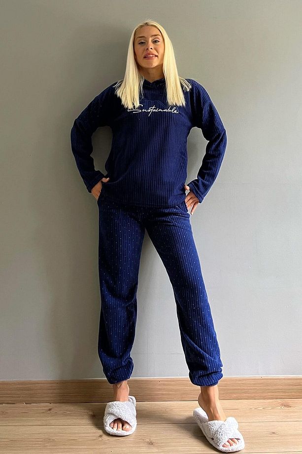 Lacivert Think Desenli Kapşonlu Peluş Polar Pijama Takımı - 6