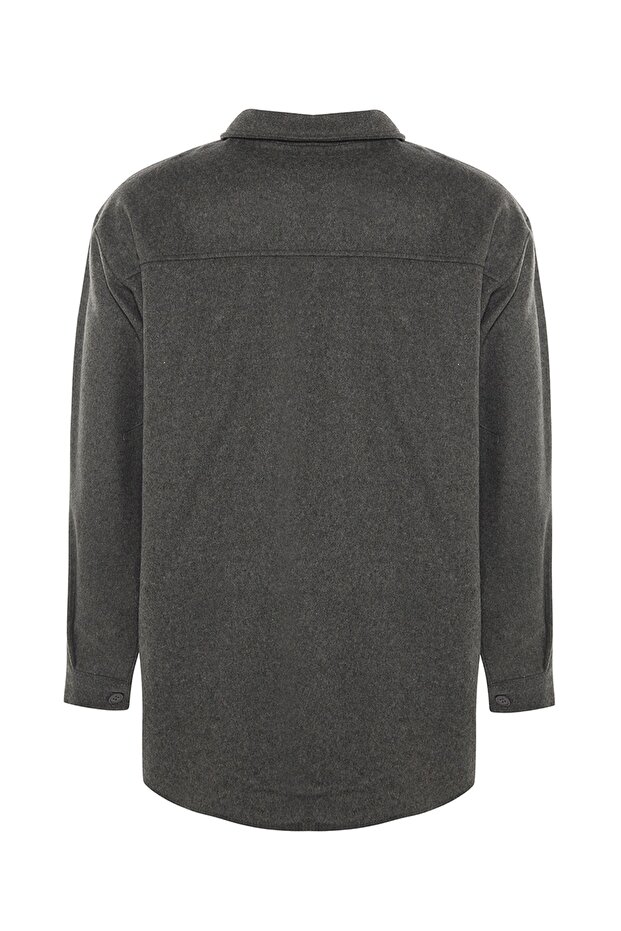 Antrasit Çift Cepli Oversize/Geniş Kalıp Kaşe Dokuma Gömlek TWOAW23GO00356 - 7