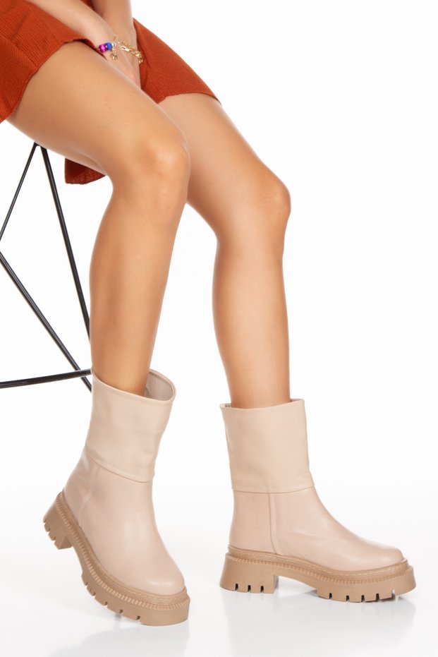 Nut Leather Look Pull Non-Slip Sole Wide Mouth Skin Women's Boots Bootie