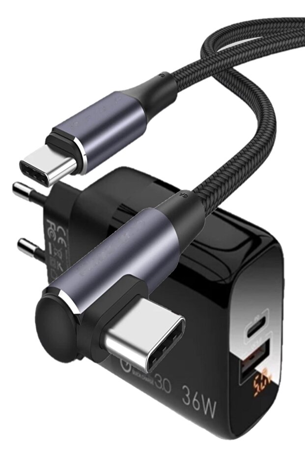 C7 Pd+ Micro Usb Girişli 36w Adaptör+ C3 Type-c To Type-c 90 Derece 5a/100w Şarj Kablosu -2mt - 1