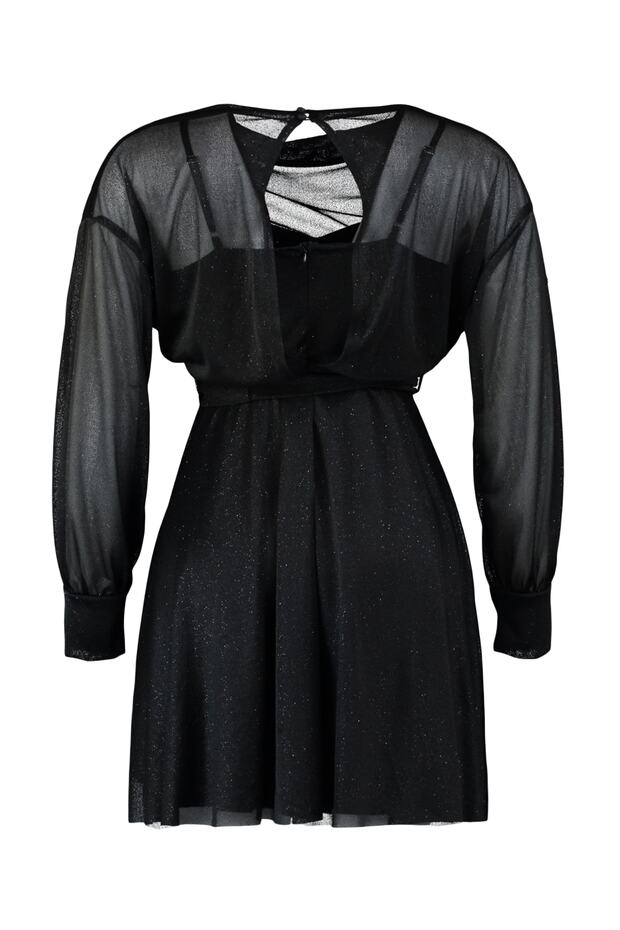 Siyah Belden Açılan/Skater Simli Mini Örme Elbise TBBAW23AH00149 - 7