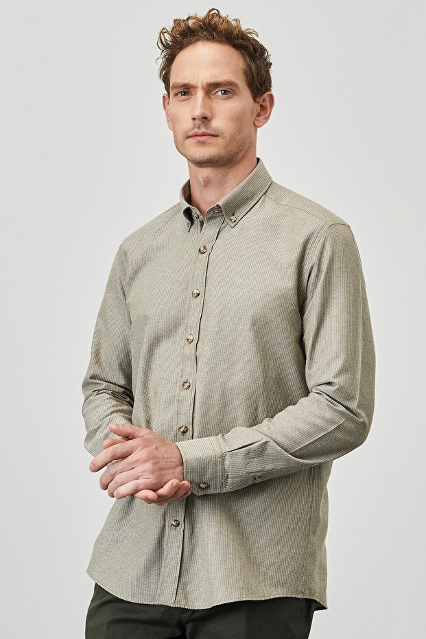 Men's Khaki Slim Fit Narrow Cut Button Collar Dobby Shirt