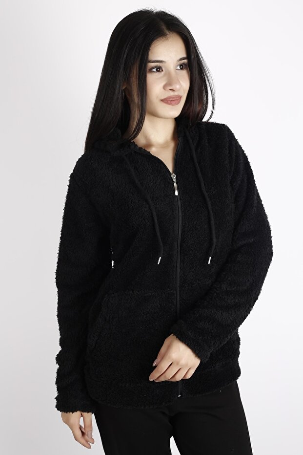 Kadın Siyah Peluş Yumoş Fermuarlı Kapüşonlu Cepli Welsoft Ceket 22KCKTERES - 4