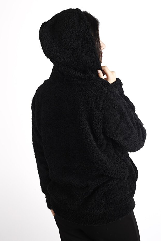 Kadın Siyah Peluş Yumoş Fermuarlı Kapüşonlu Cepli Welsoft Ceket 22KCKTERES - 5