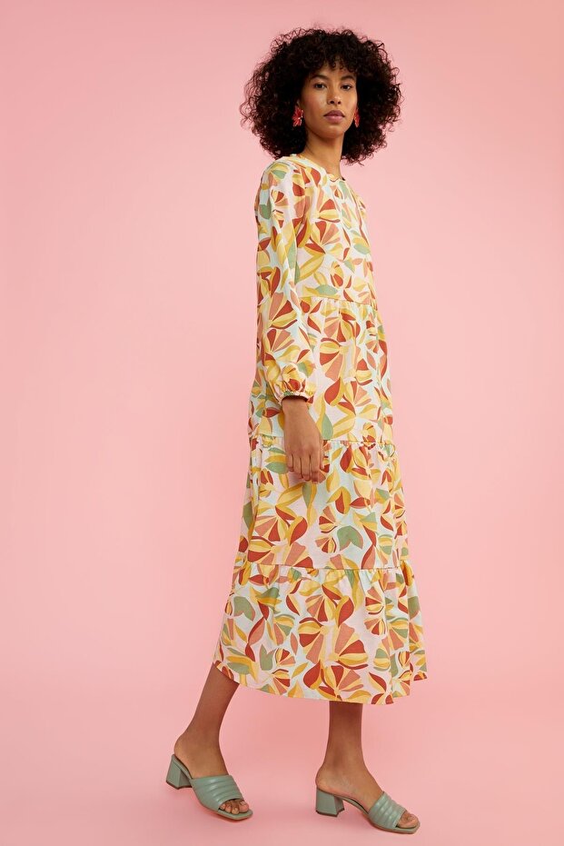 Květinové popelínové maxi šaty s dlouhým rukávem Regular Fit s výstřihem a výstřihem - 3