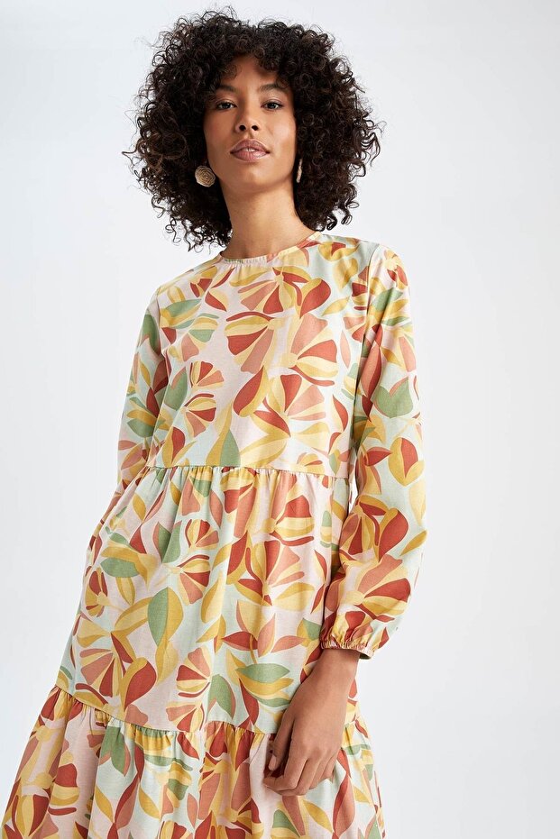 Květinové popelínové maxi šaty s dlouhým rukávem Regular Fit s výstřihem a výstřihem - 6