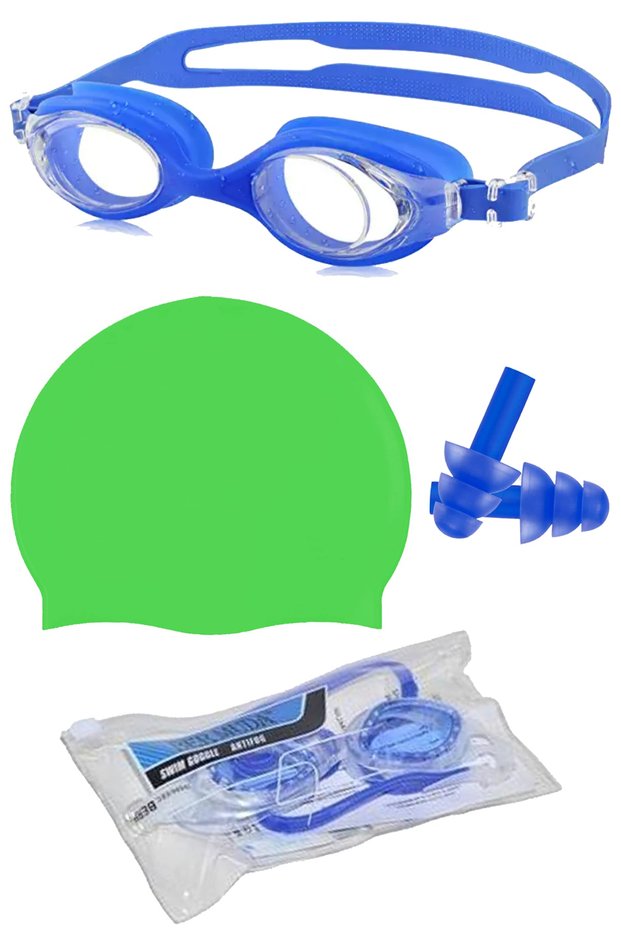 Swimming Goggles Set + Earplugs + Latex Cap and Special Luxury Bag Silicone Glasses