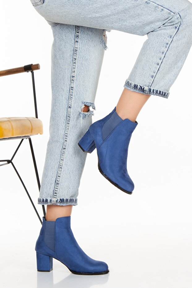 Meri Indigo Mavi Lüks Süet Lastikli Topuklu Kısa Bot Bottie - 3