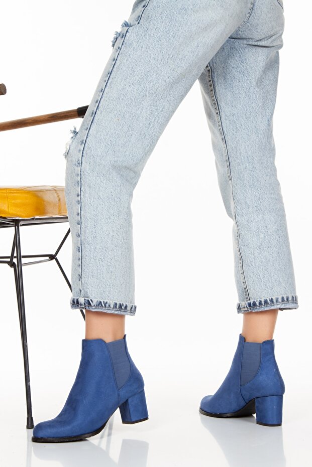 Meri Indigo Mavi Lüks Süet Lastikli Topuklu Kısa Bot Bottie - 5