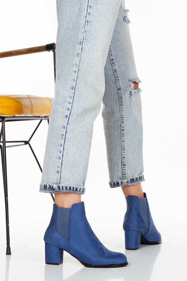 Meri Indigo Mavi Lüks Süet Lastikli Topuklu Kısa Bot Bottie - 7