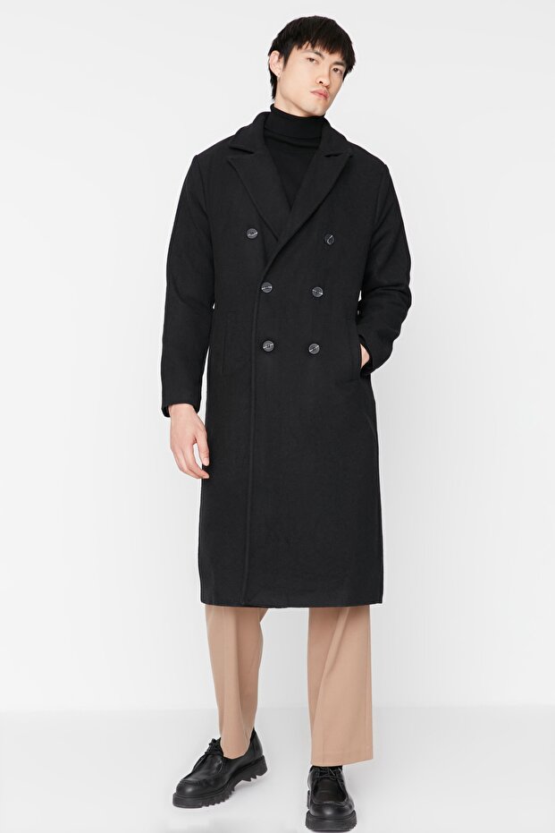 Długi czarny płaszcz zimowy Stamp z podwójnymi piersiami - luźny krój TMNAW23KB00003 - 3