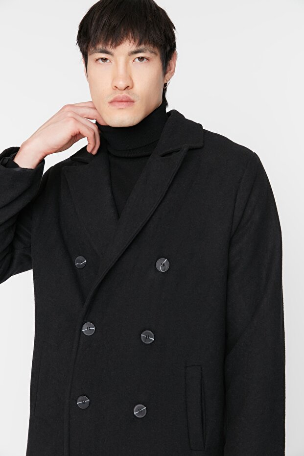 Długi czarny płaszcz zimowy Stamp z podwójnymi piersiami - luźny krój TMNAW23KB00003 - 4