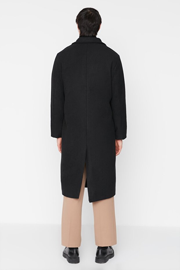 Długi czarny płaszcz zimowy Stamp z podwójnymi piersiami - luźny krój TMNAW23KB00003 - 5