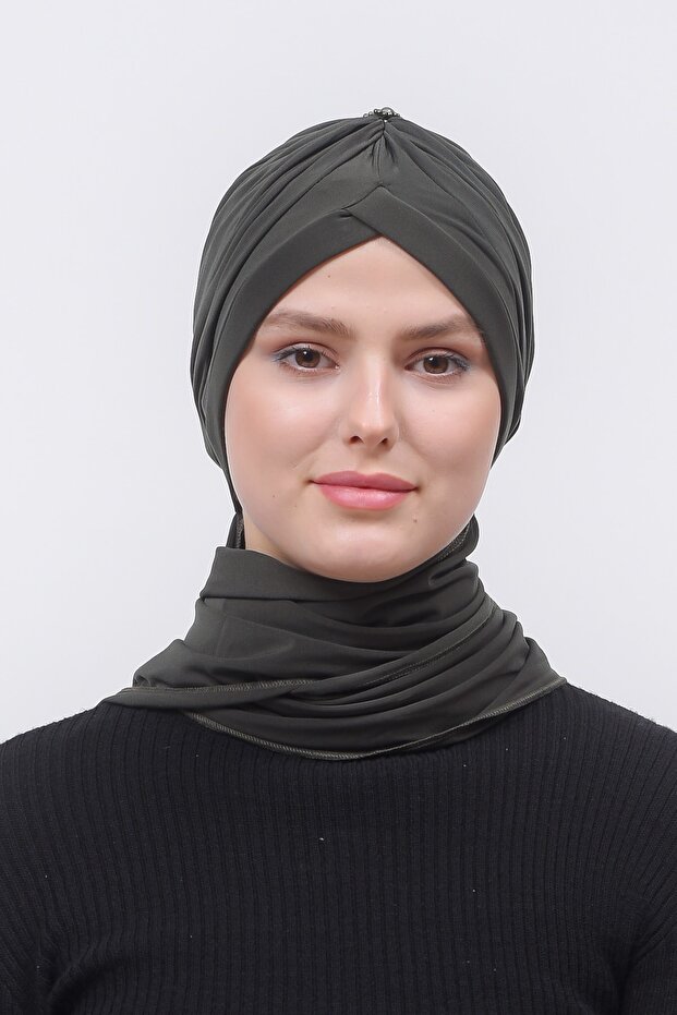 وشاح حجاب مزين باللؤلؤ - كاكي