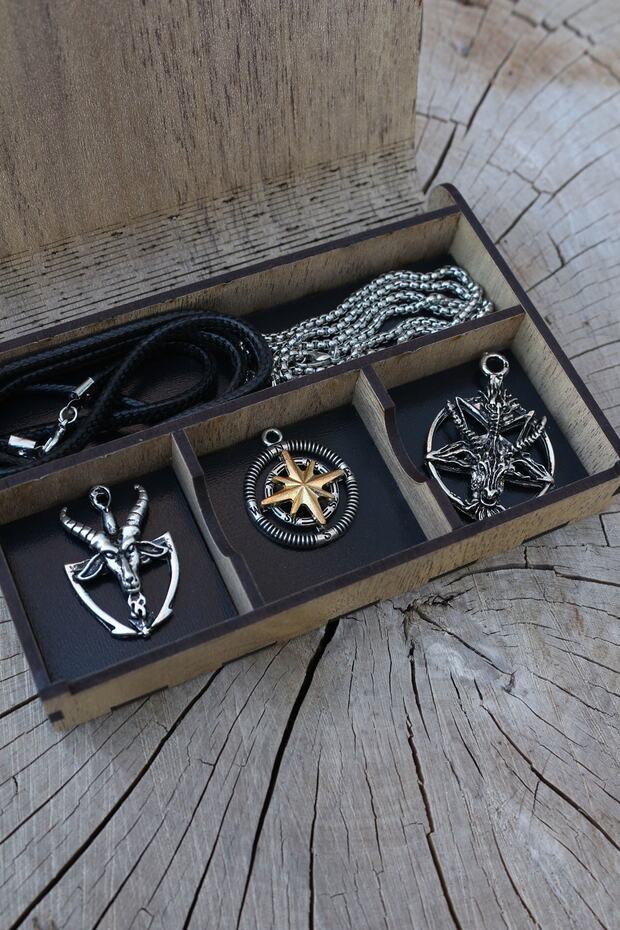 Kolye Seti Ahşap Özel Hediye Kutulu Keçi Şeytan, Kutup Pusula Ve Baphomet Pentagram Ip Ve Zincir - 6