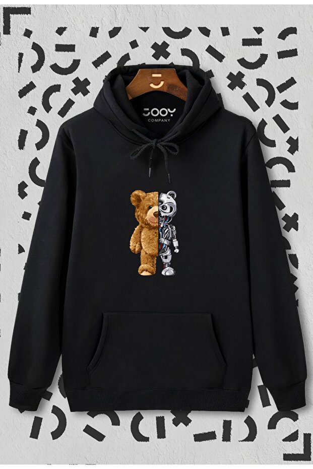 Unisex Black Robotic Bear Printed Hooded Sweatshirt