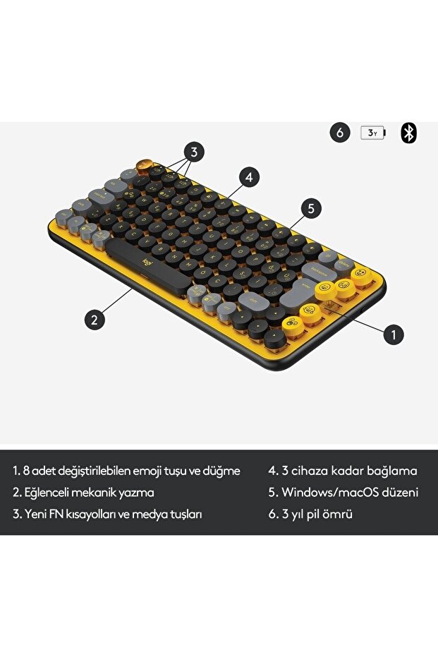Pop Keys Blast Özelleştirilebilir Emoji Tuşlu Mekanik Kablosuz Klavye - Sarı&siyah - 6