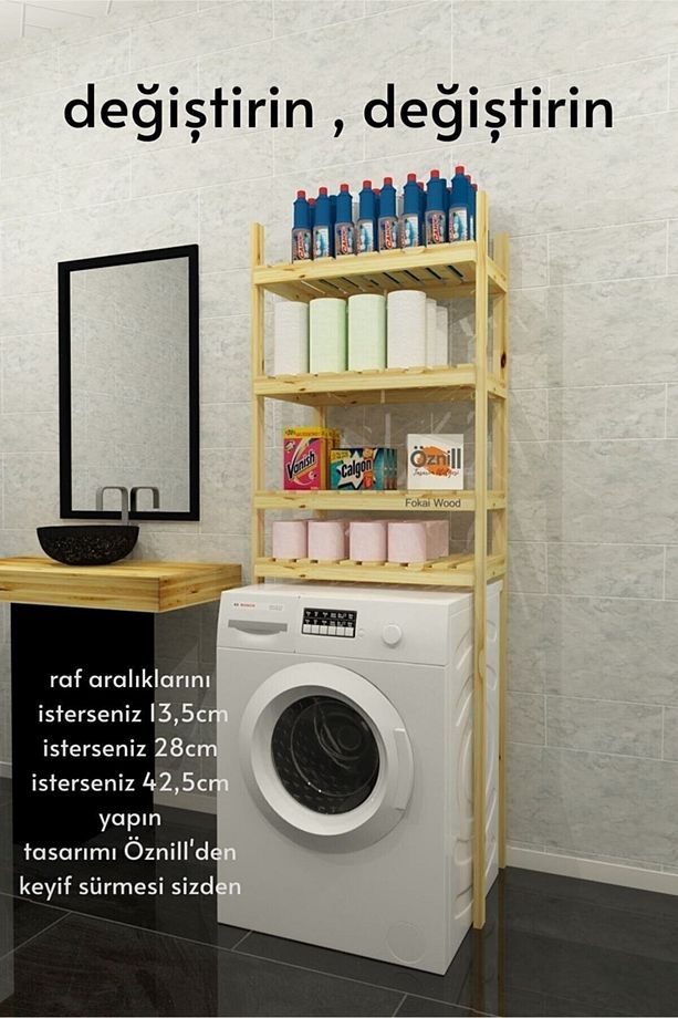 Qualıty Lıght - Çamaşır Makinesi Için Ahşap El Yapımı Ayarlanabilir Raflı Banyo Organizeri - 6