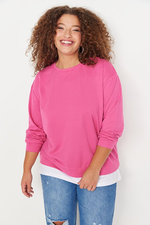 Fuşya Alttan T-Shirt Çıkma Görünümlü İnce Örme Büyük Beden Sweatshirt TBBAW23AO00023 - 1
